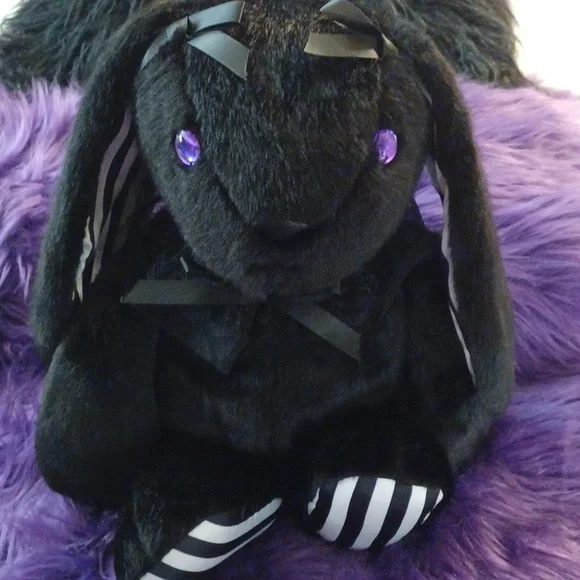DOLLSKILL WIDOW GOTH BUNNY BAG BLACK PURPLE EYES BACKPACK BLACK FURRY STRAPS - Picture 13 of 15